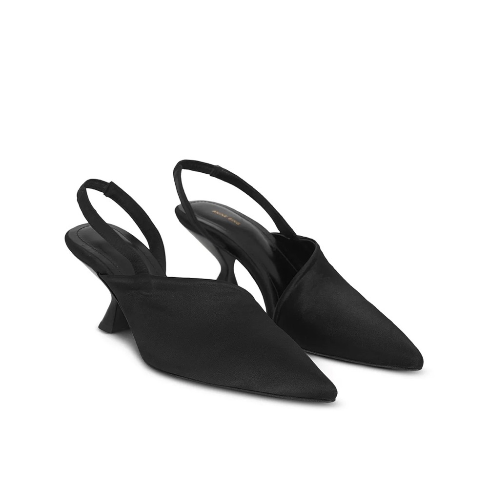 Anine Bing Sierra Pumps in Black Satin Sling Back Strap Pointed Toe 2.5” Heel 11